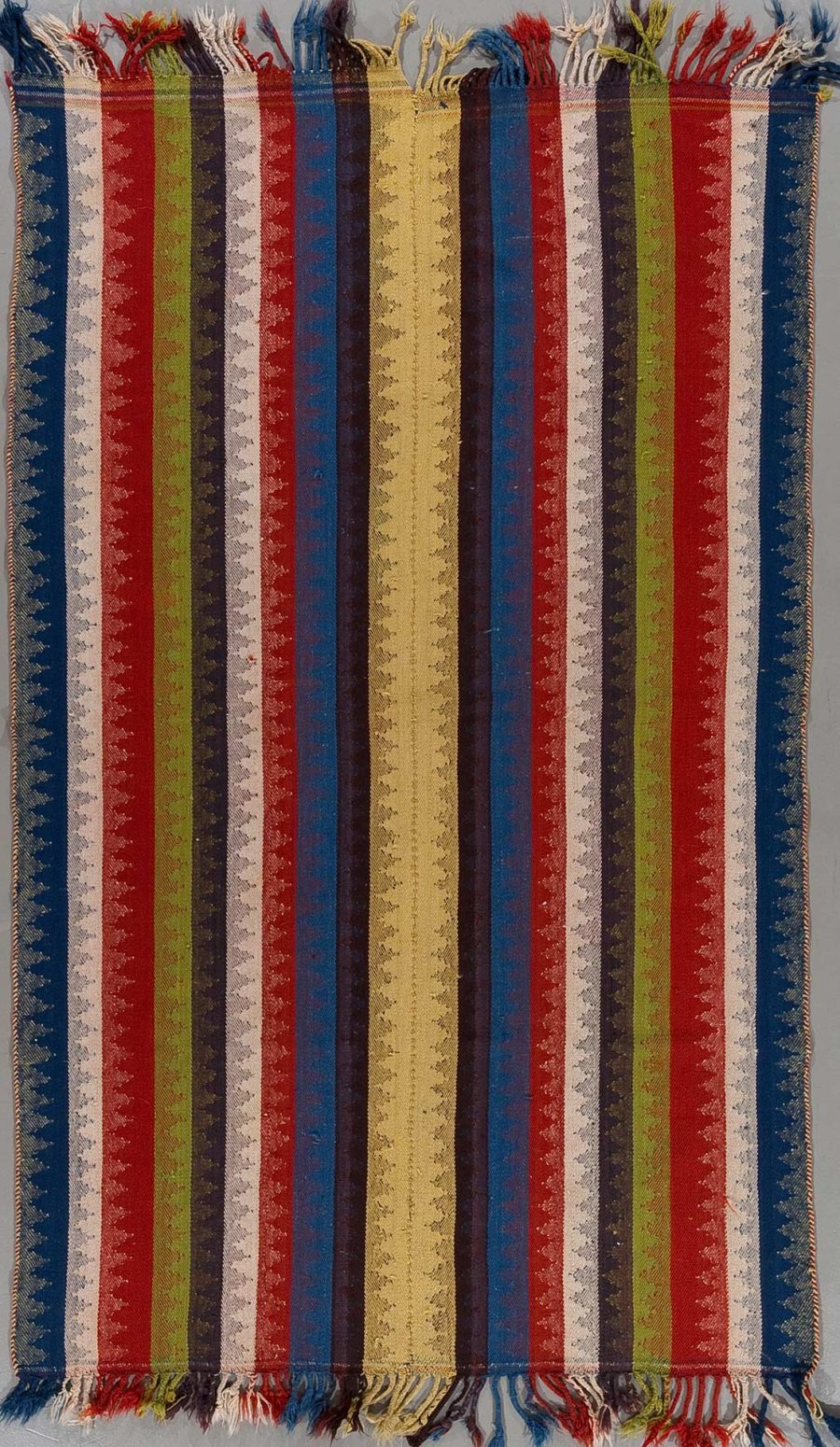 Vertikal gestreifter handgewebter Teppich mit fransigen Enden und Streifen in verschiedenen Farben wie Blau, Rot, Grün, Gelb und Beige, die durch schmale weiße Trennlinien segmentiert sind.