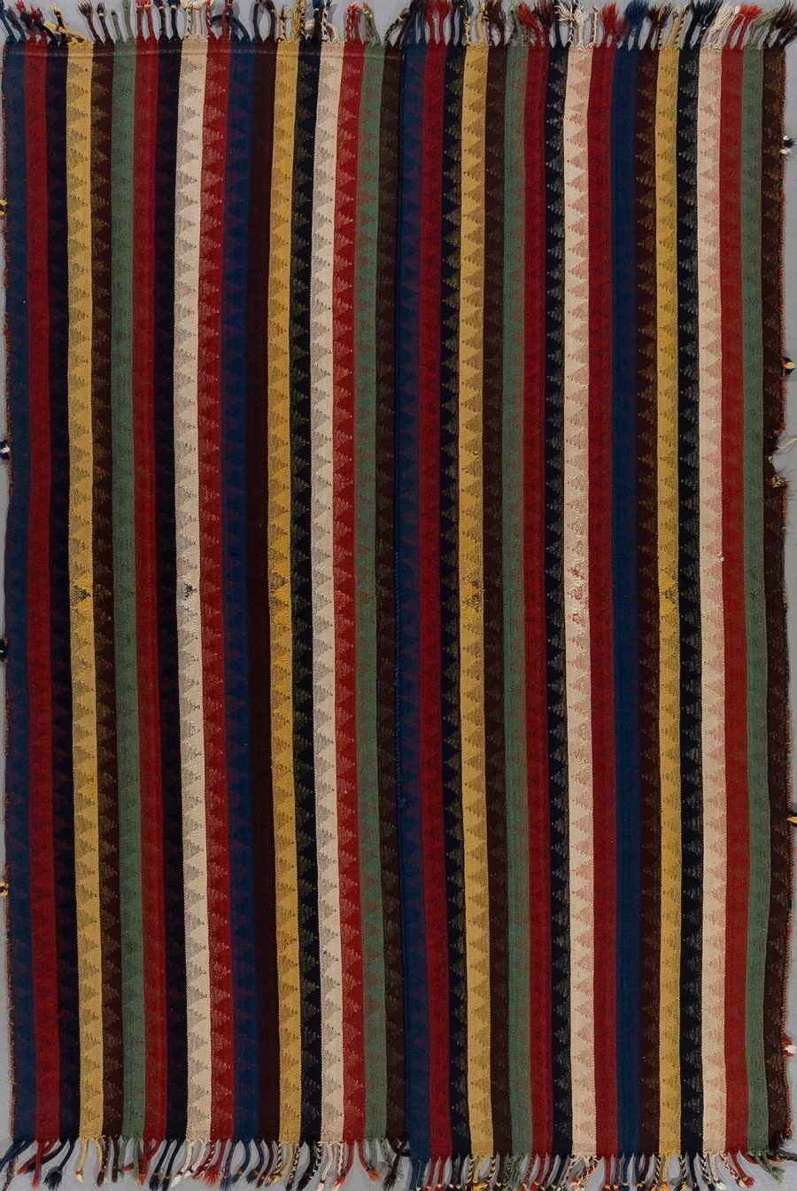 Handgewebter Teppich mit vertikalen Streifen in verschiedenen Farben wie Rot, Grün, Blau, Gelb und Beige, teilweise mit Muster, Fransen an den Enden.