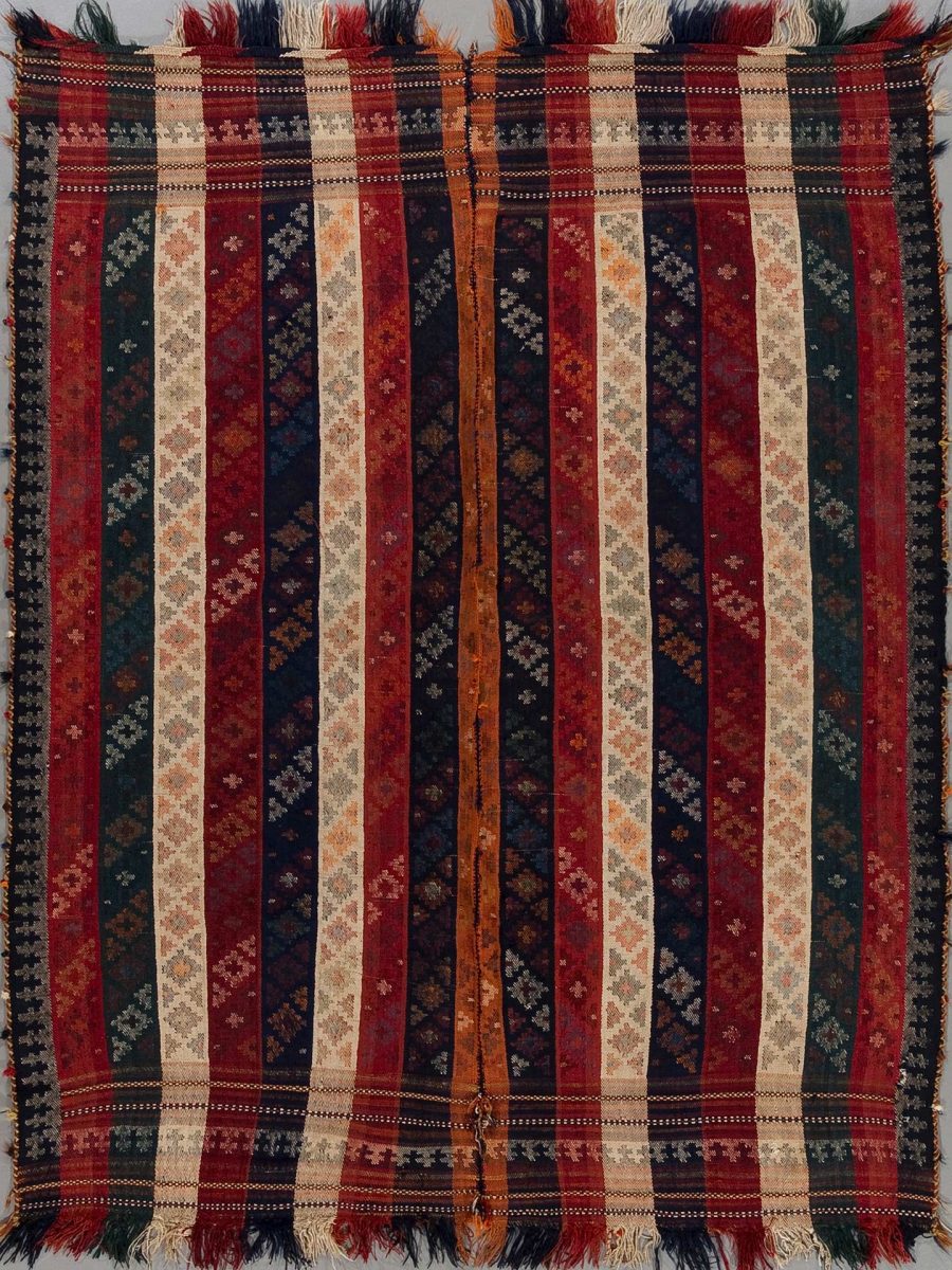 Traditioneller, vertikal gestreifter Teppich mit Ornamenten in rot, blau, beige und braun, umsäumt von Fransen und dünnen Bordüren.