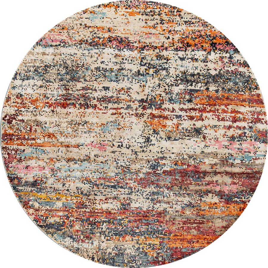 Runder Teppich mit abstraktem, mehrfarbigem Muster, das eine Mischung aus Beige, Orange, Blau, Schwarz und Rosa Farbtönen zeigt.