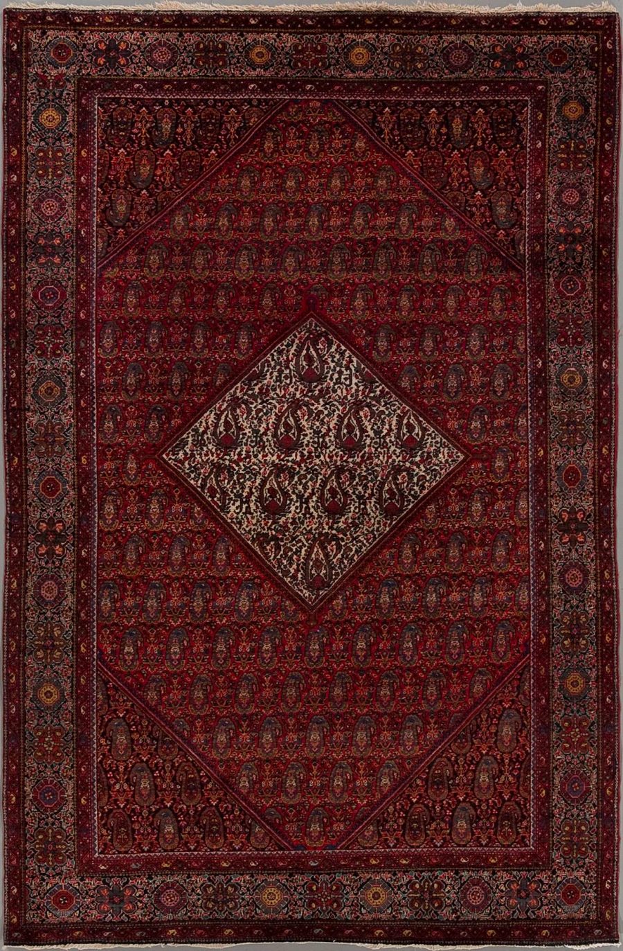 Traditioneller persischer Teppich mit aufwendigen Mustern und einem zentralen Medaillon, umgeben von Bordüren in Dunkelrot und Blautönen.