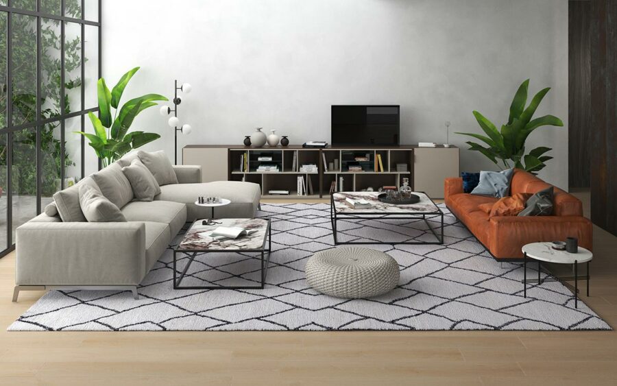 Modernes Wohnzimmer mit großer Glasfront, zwei Sofas – eines grau und eines in Lederbraun –, einem geometrischen Teppich, Beistelltischen und einer TV-Entertainment-Einheit. Pflanzen und minimalistische Dekorationsgegenstände vervollständigen den Raum.