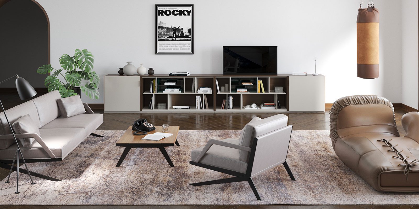 Modernes Wohnzimmer mit einer Mischung aus eleganten und Retro-Elementen, darunter ein beiges Sofa, zwei graue Sessel, ein Couchtisch, ein großes Bücherregal, ein Fernseher an der Wand und eine gerahmte 