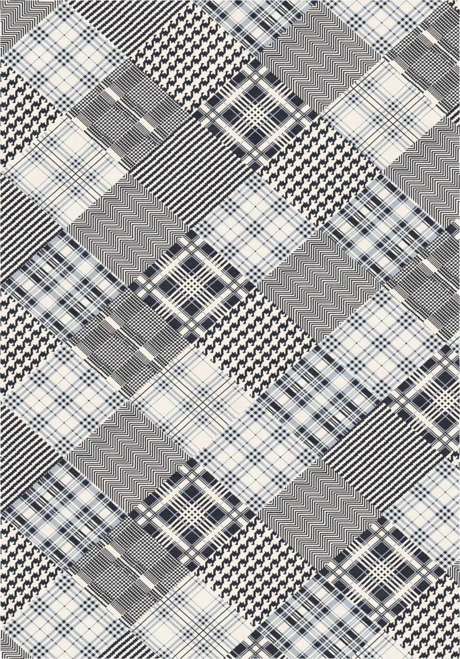 Ein Muster aus mehreren schwarz-weißen geometrischen Designs, die karierte, gestreifte und gezackte Muster in einer patchworkartigen Anordnung enthalten.