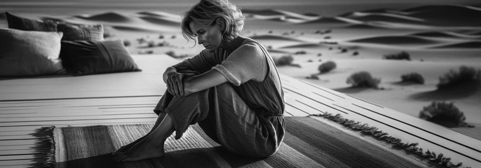 Frau in nachdenklicher Pose sitzt allein auf einer Holzterrasse vor einer Wüstenlandschaft, schwarz-weiß Aufnahme.