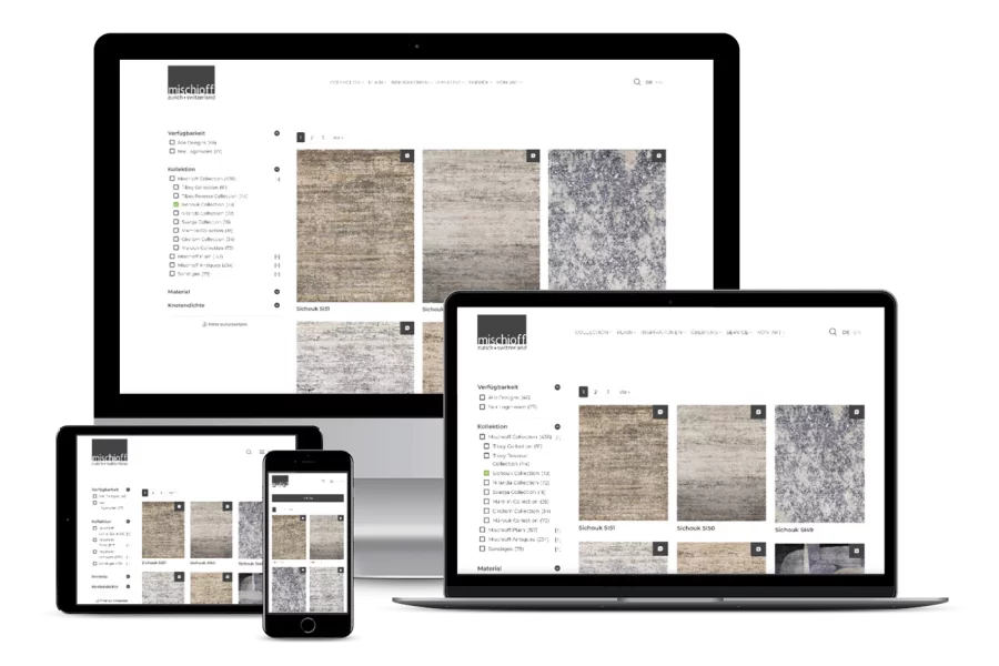 Responsive Webdesign-Darstellung einer Teppich-Website auf verschiedenen Geräten: Desktop-Computer, Laptop, Tablet und Smartphone, mit Benutzeroberfläche und Auswahl von Teppichmustern.